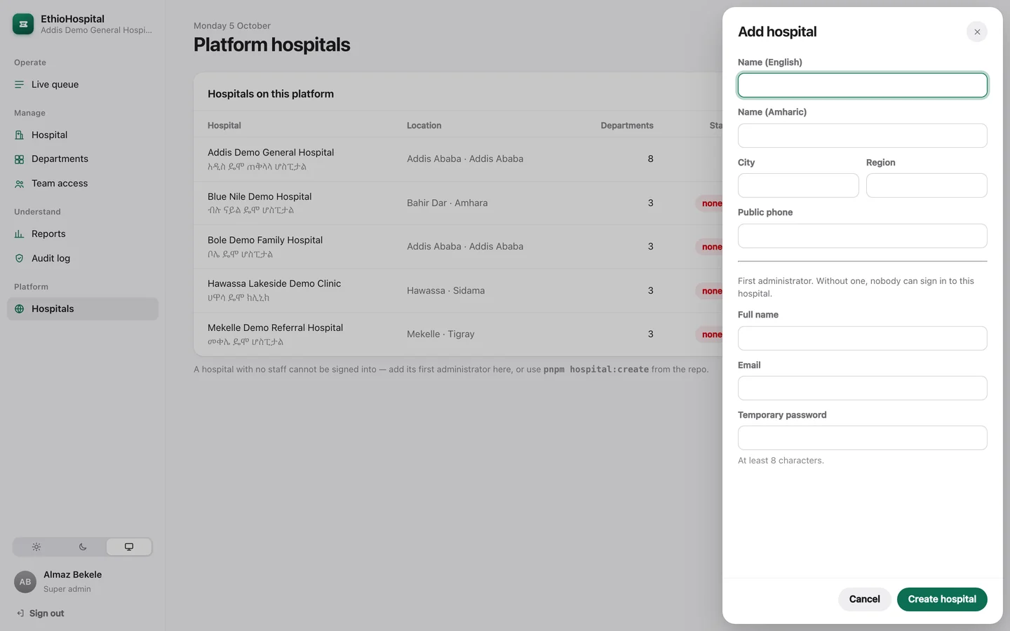 Ein neues Krankenhaus in einem einzigen Formular: Namen in beiden Sprachen und der erste Administrator.