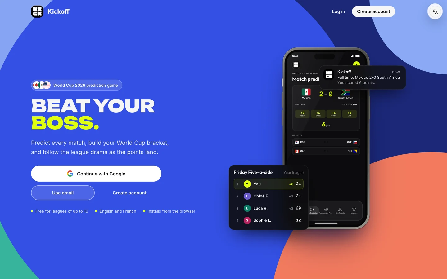 The Kickoff landing page: Beat your boss, beside a phone playing a prediction through to full time, six points landing and the league table re-ranking