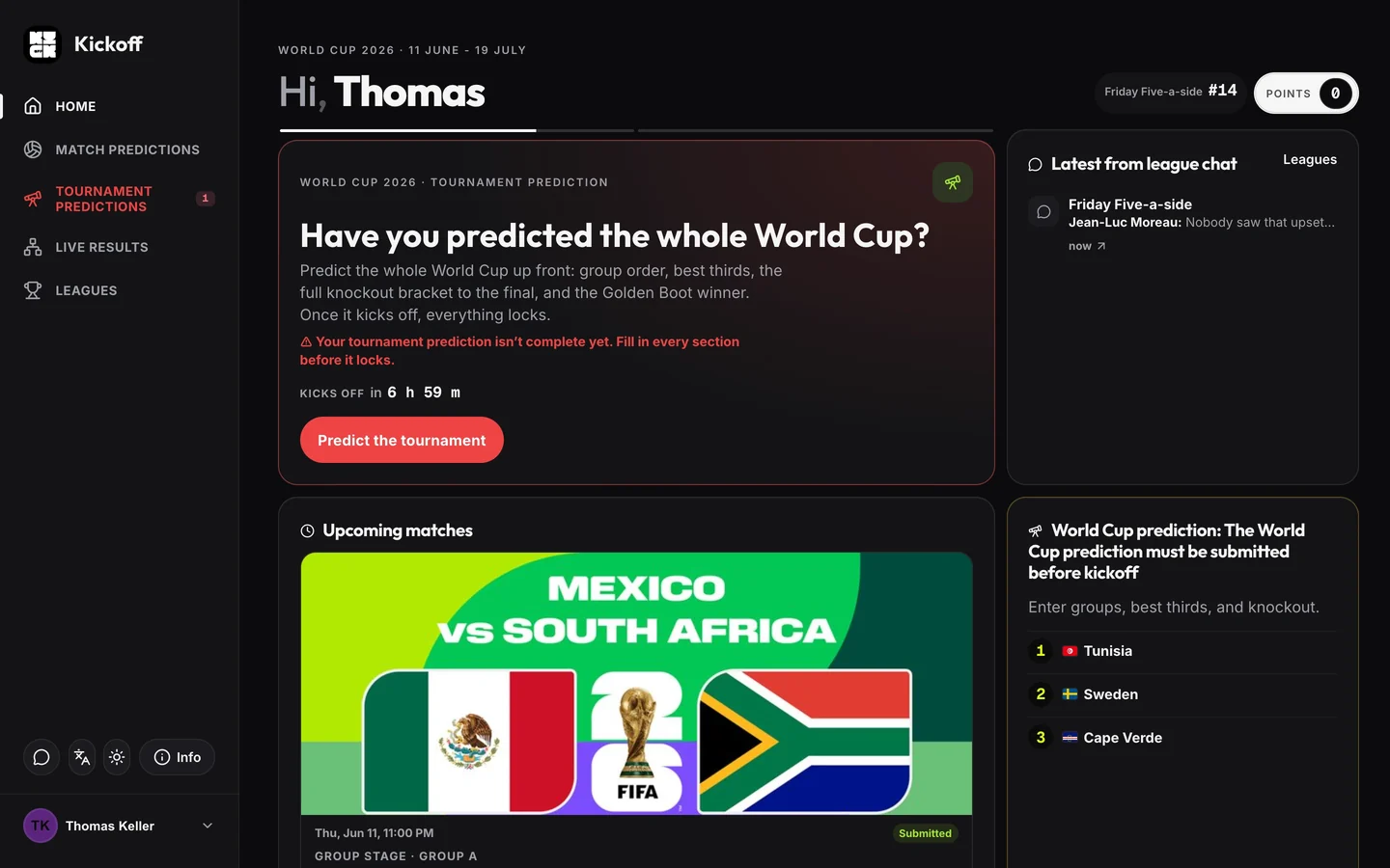 The Kickoff home screen in dark mode on the morning of the opening match: the tournament prediction countdown, league chat and the official Mexico v South Africa banner