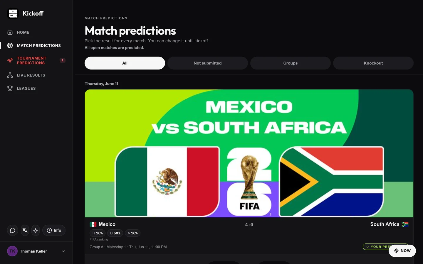 Match predictions in dark mode before the opening match: the official Mexico v South Africa banner, win, draw and loss probabilities and the player’s prediction