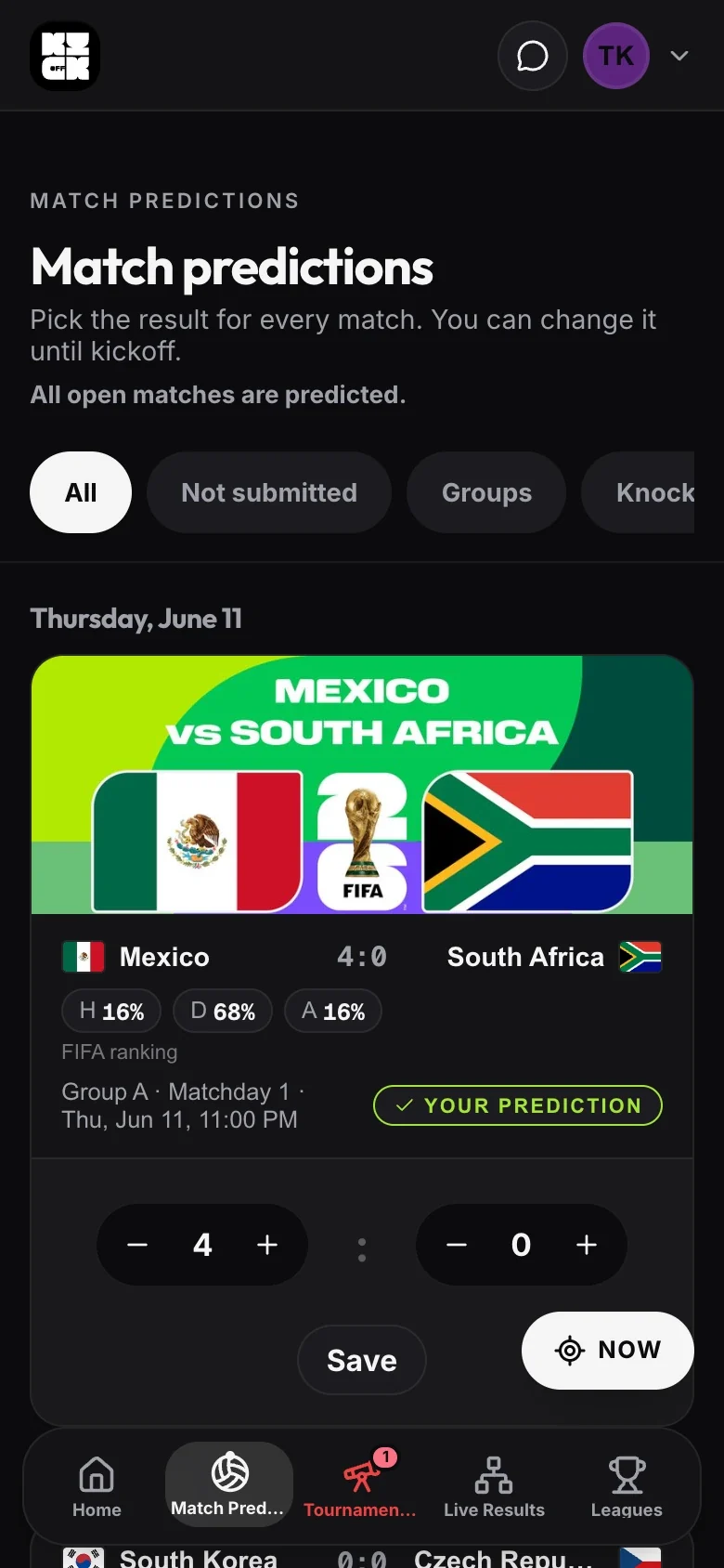 Kickoff on a phone: predicting the opening match under its official banner