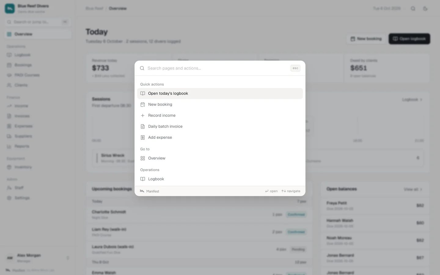 The ⌘K command menu over the dashboard