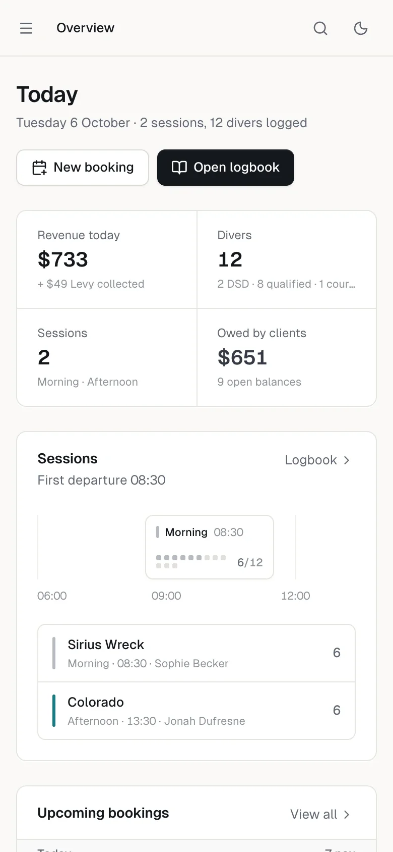 Manifest on a phone: today’s revenue, divers, sessions and money owed
