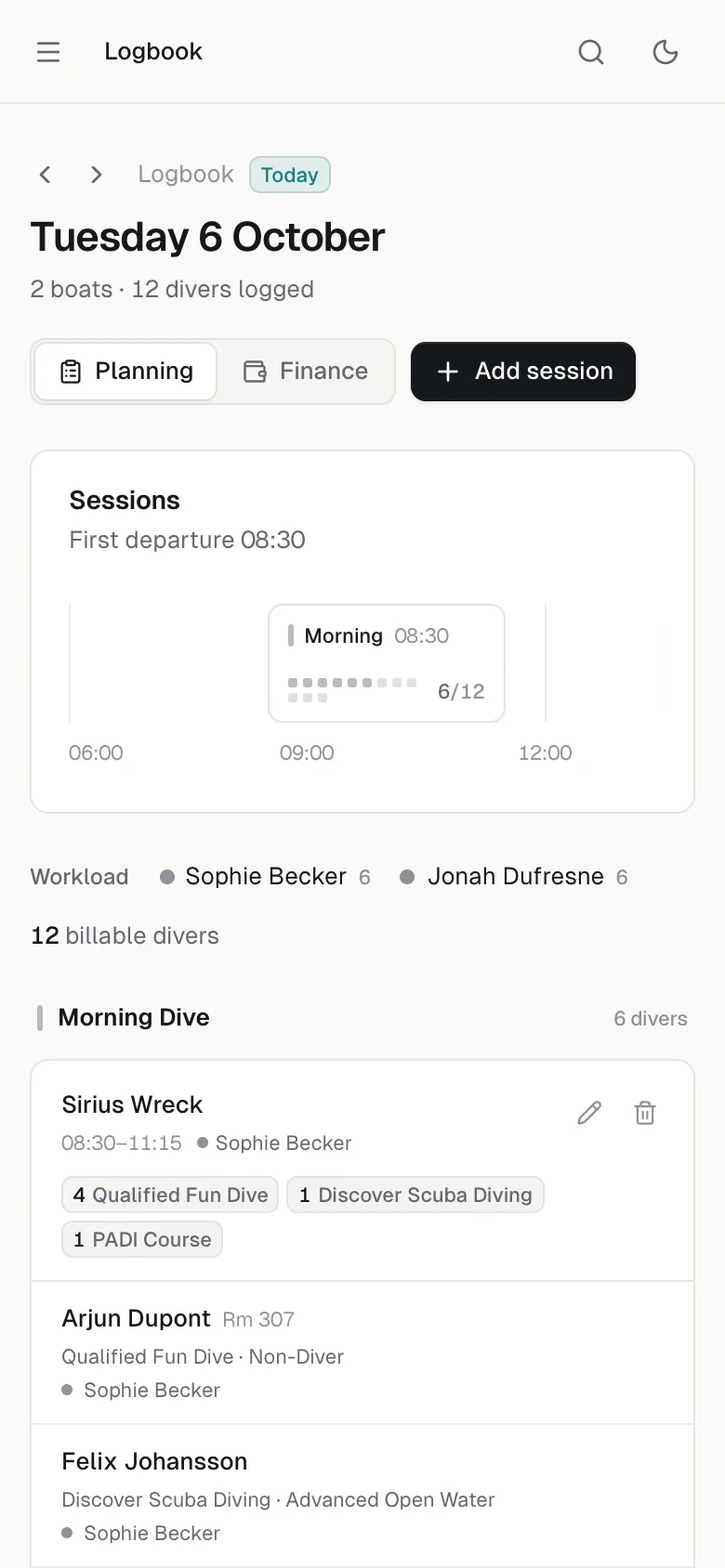 Manifest on a phone: today’s logbook with the morning dive at Sirius Wreck and its divers