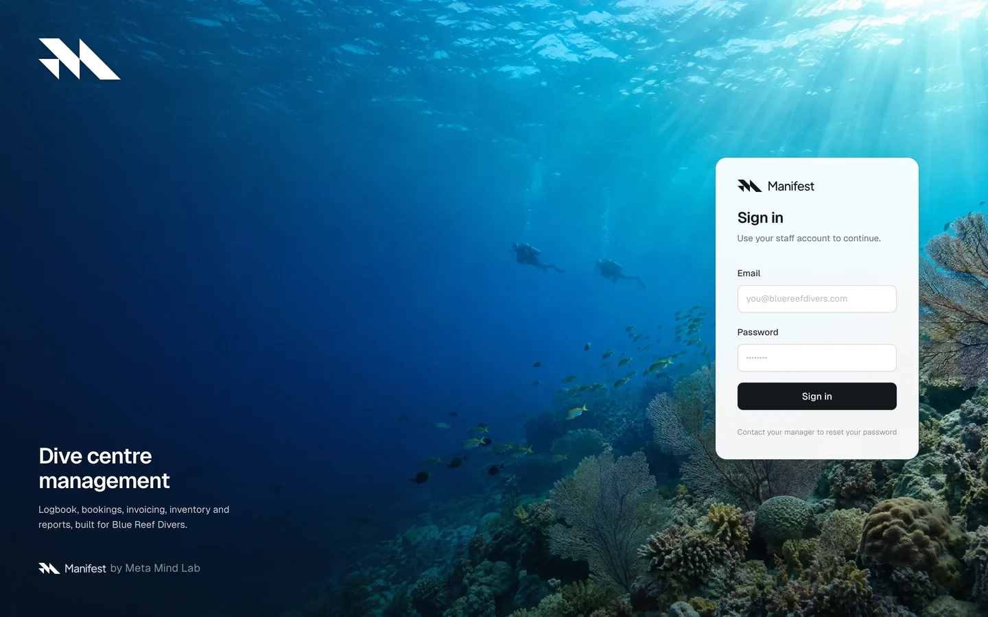 Manifest sign-in over an underwater reef