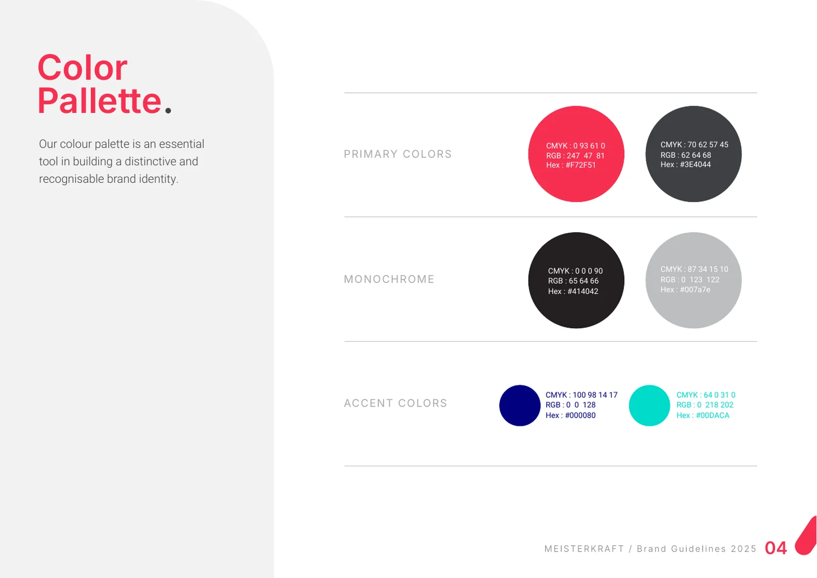 Charte graphique : les couleurs principales, monochromes et d’accent, avec leurs valeurs pour l’impression et l’écran