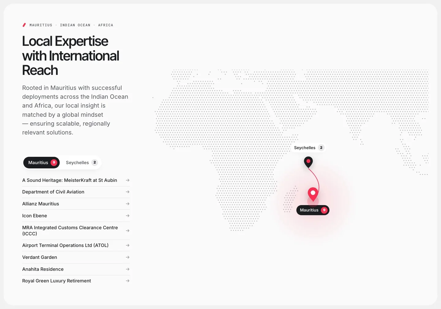 La carte des projets : Maurice et les Seychelles sur une carte en pointillés, avec la liste des projets à côté