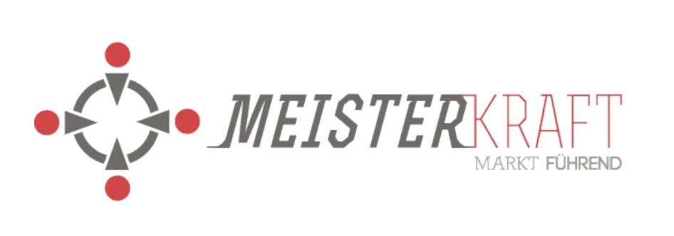 L’ancien logo MeisterKraft : un viseur gris à quatre points rouges, un logotype au pochoir et la signature Markt Führend