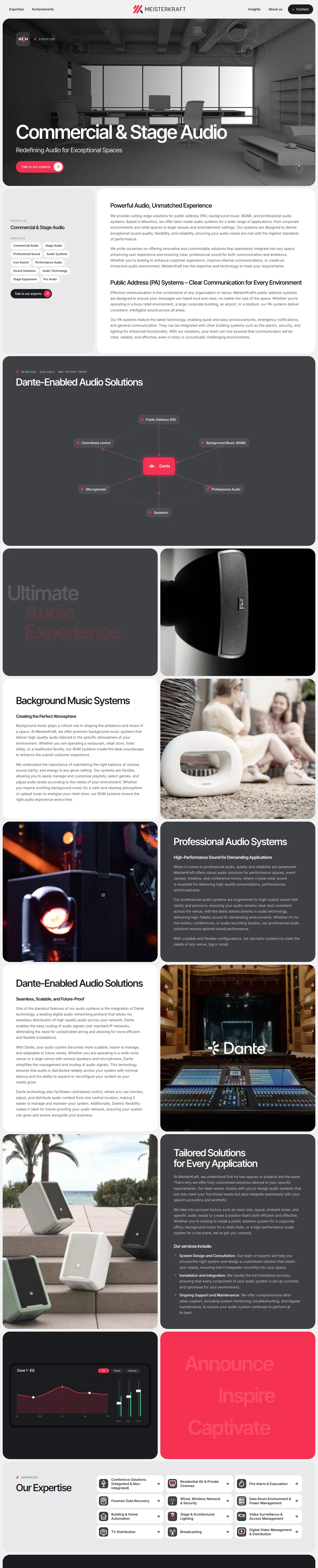 La page Audio commerciale et scénique de haut en bas : la photo d’ouverture, les services inclus, le schéma du système, les solutions audio en images et les autres domaines d’expertise