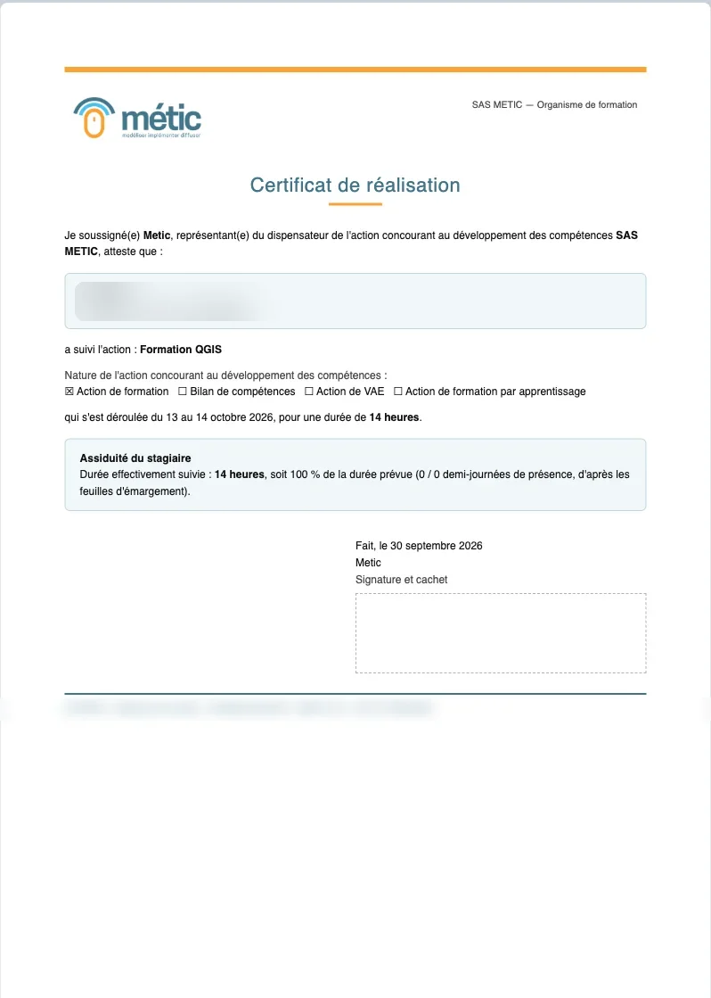 Ein aus der Anwesenheit erstelltes Teilnahmezertifikat; der Name der teilnehmenden Person ist unkenntlich gemacht