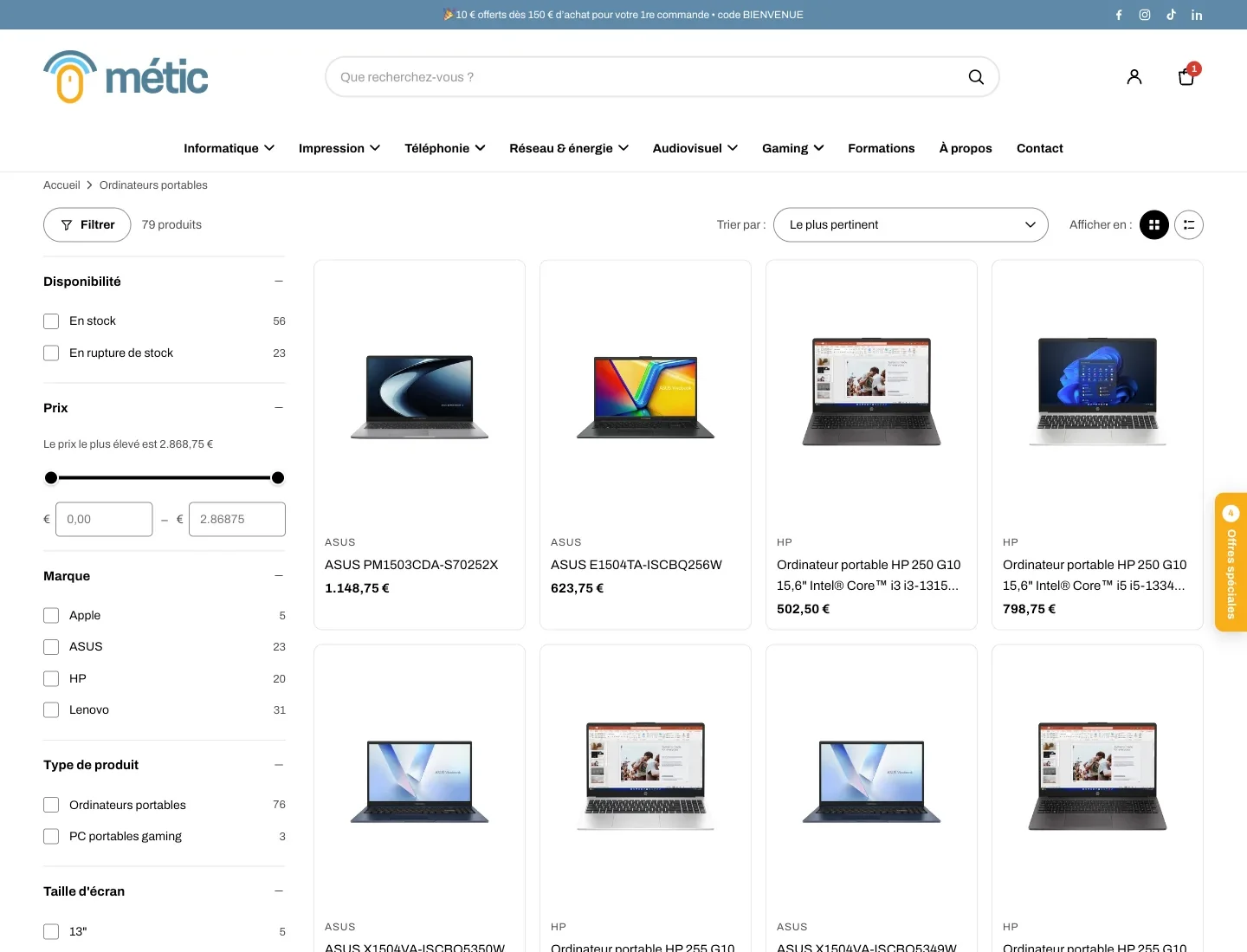 Laptop-Kollektion mit Filtern für Verfügbarkeit, Preis, Marke, Produkttyp und Bildschirmgröße