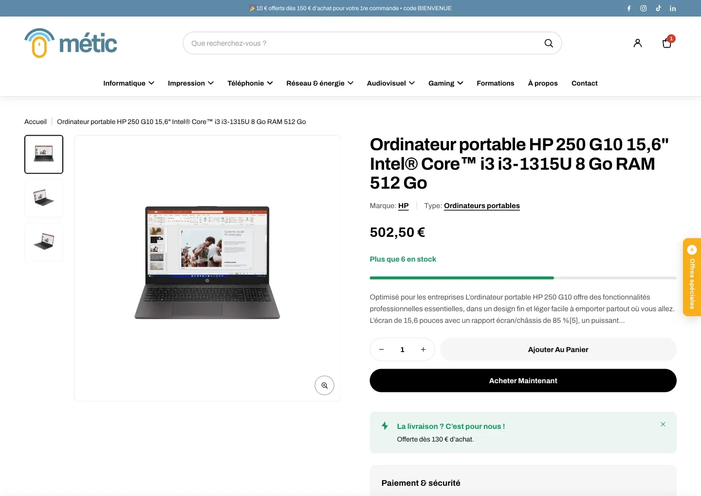 Produktseite mit Links zu Marke und Typ, Preis, Live-Bestand und Hinweis zur kostenlosen Lieferung