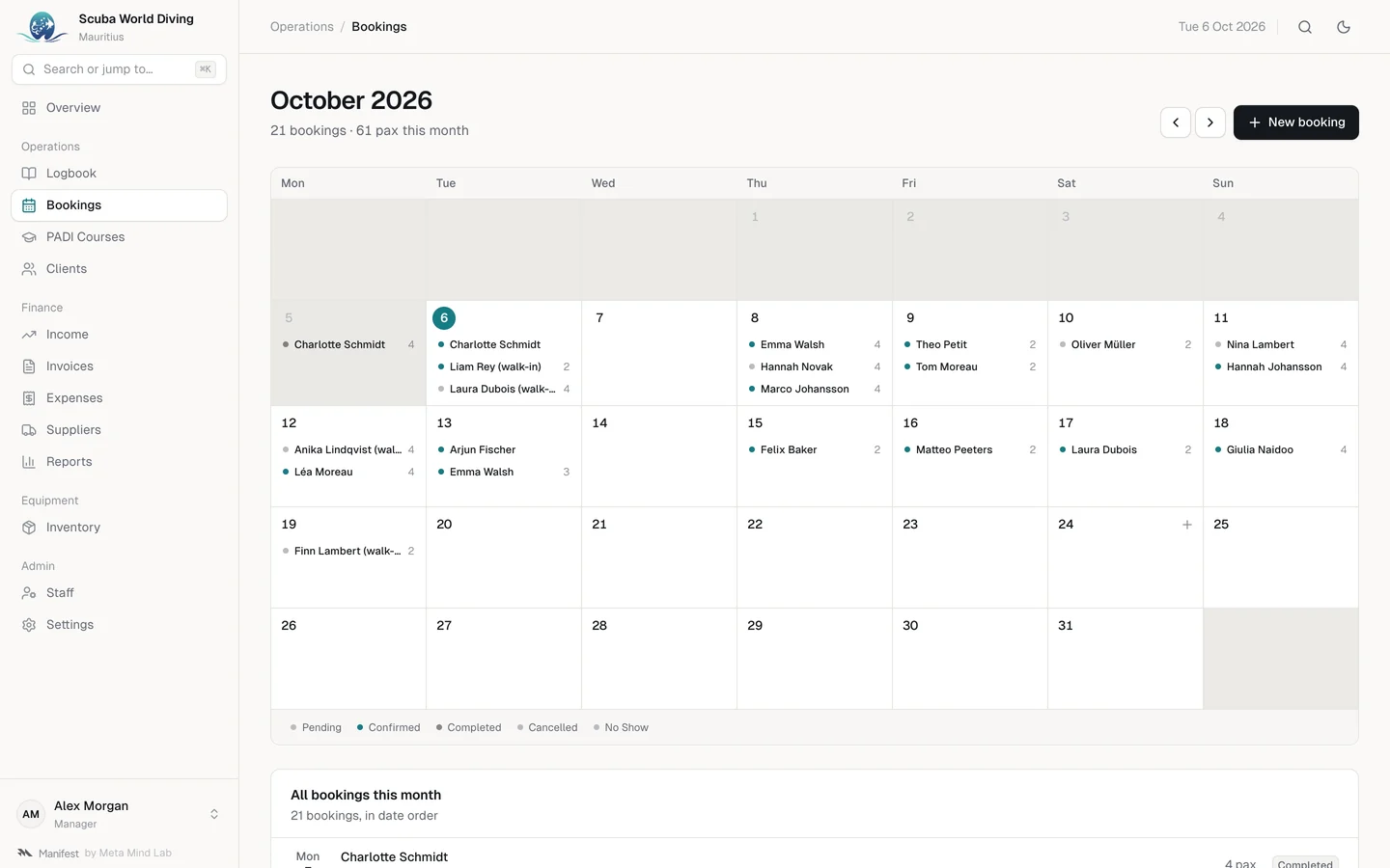 The bookings calendar for October with status for every booking