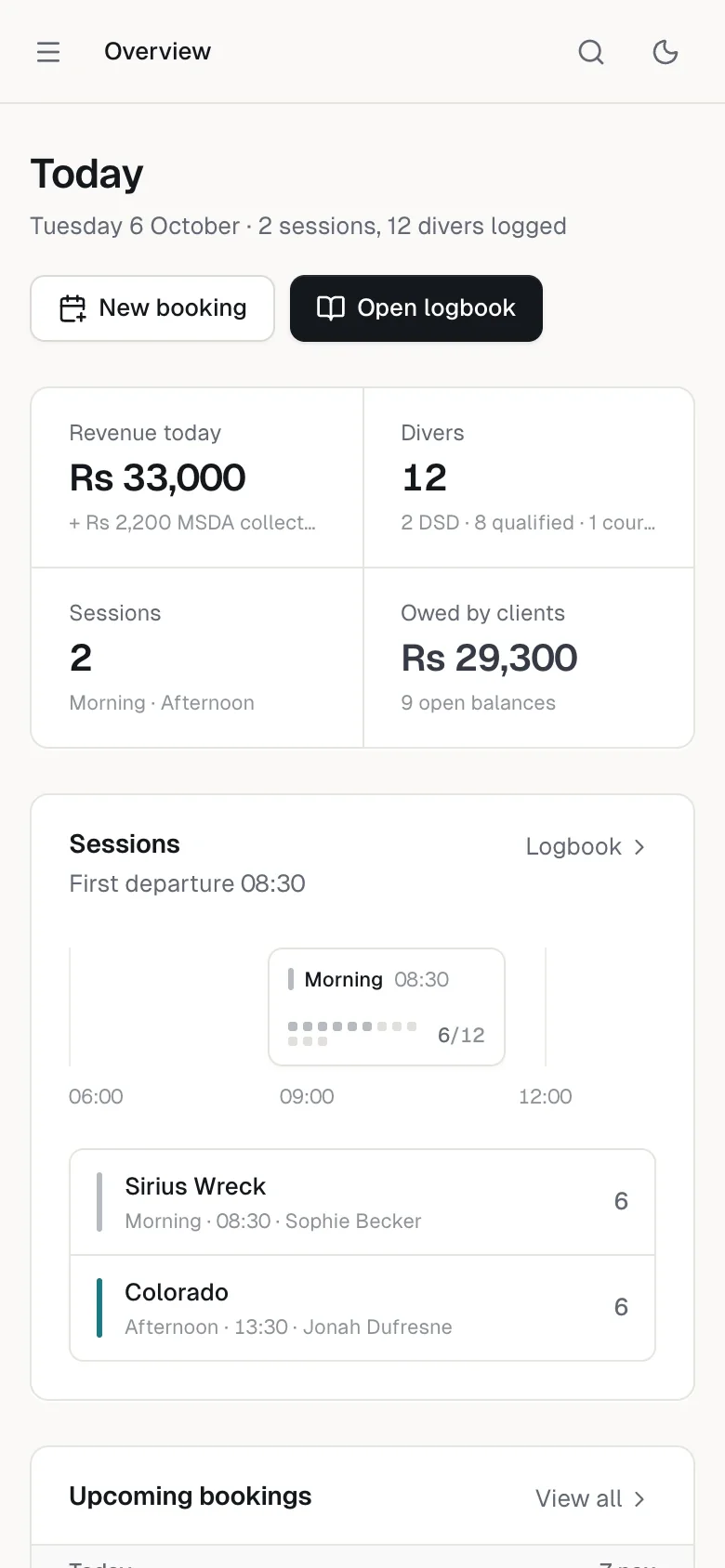 The dashboard on a phone: revenue today, divers, sessions and money owed