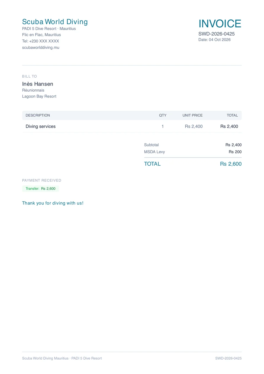 A client invoice PDF: diving services, the MSDA levy and the payment received