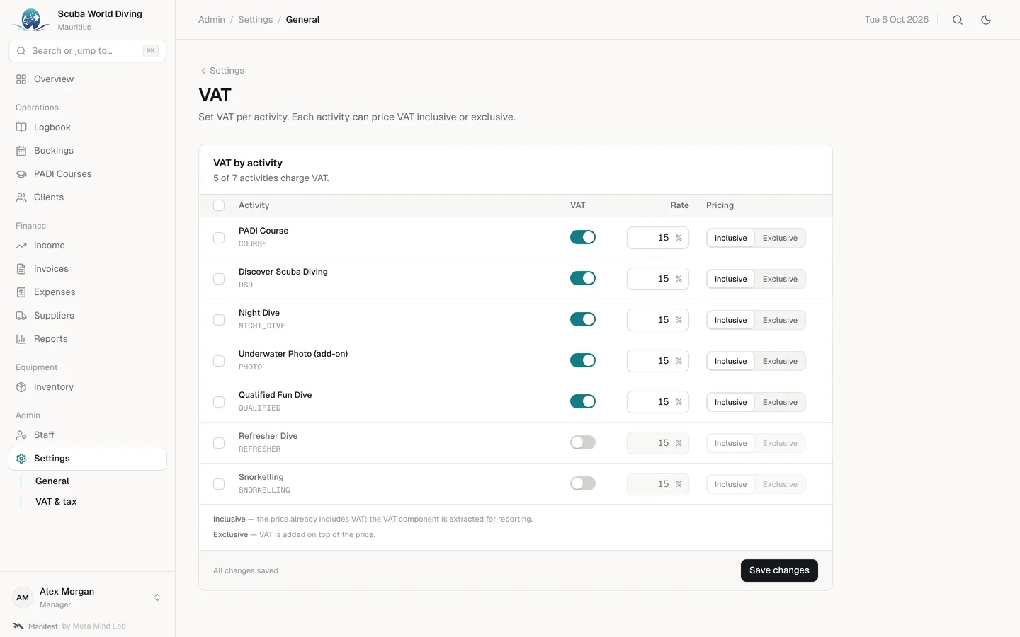 VAT settings: VAT switched on per activity, with a rate and inclusive or exclusive pricing